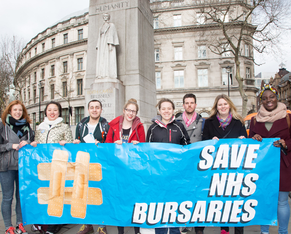 Left to right: Sophia Koumi - RMN from King's Student Union, Jenny Leo - OT student at LSBU, Anthony Johnson - adult student nurse, Marina Down - MH nursing student from King's, Helen Corry, Chris Newlove - supporter, Fiona Edwards from the Student Assembly against Austerity and Barbara Ntumy - student supporter from London Met. Picture credit: Barney Newman Left to right: Sophia Koumi - RMN from King's Student Union, Jenny Leo - OT student at LSBU, Anthony Johnson - adult student nurse, Marina Down - MH nursing student from King's, Helen Corry, Chris Newlove - supporter, Fiona Edwards from the Student Assembly against Austerity and Barbara Ntumy - student supporter from London Met. Picture credit: Barney Newman