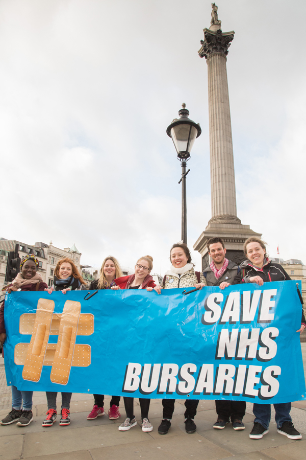 Left to right: Barbara Ntumy - student supporter from London Met, Sophia Koumi - RMN at King's, Fiona Edwards from Student Assembly against Austerity, Marina Down - mental health nursing Student at King's, Jenny Leo - student OT at LSBU, Chris Newlove - supporter and Helen Corry. Picture credit: Barney Newman Left to right: Barbara Ntumy - student supporter from London Met, Sophia Koumi - RMN at King's, Fiona Edwards from Student Assembly against Austerity, Marina Down - mental health nursing Student at King's, Jenny Leo - student OT at LSBU, Chris Newlove - supporter and Helen Corry. Picture credit: Barney Newman