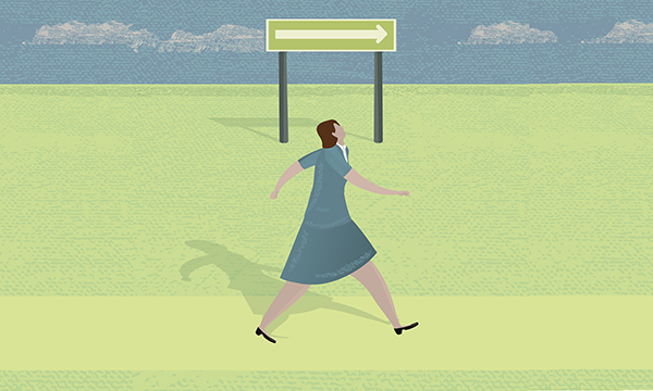 Illustration of a woman following an arrow on a sign post.