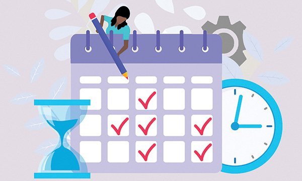 Illustration showing a nurse marking out work days on a giant calendar