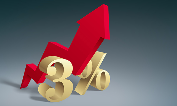 Image shows the figure 3% with a jagged red arrow passing through it and pointing upwards