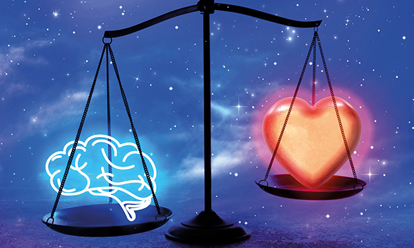 An image of a set of scales against a celestial background with one of the suspended bowls containing a representation of a heart and the other of brains or the mind