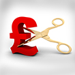3D render of a pair of golden scissors about to cut through a red Pound symbol. Isolated on white.