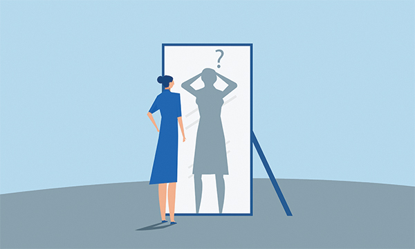 Illustration showing a nurse standing in front of a mirror, with the reflection showing her hands on her head as if worried or stressed