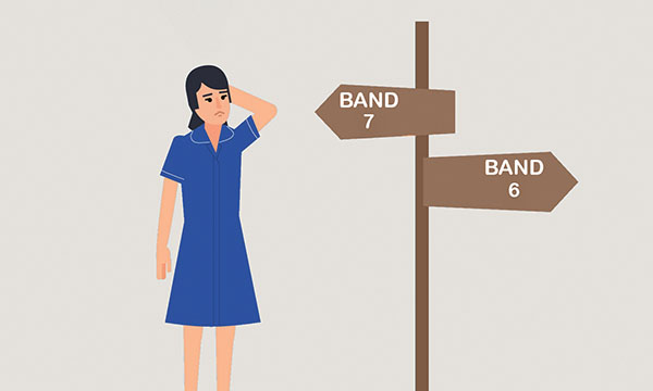 Illustration of an unsure-looking nurse at she views a signpost with one arrow pointing towards the left and labelled BAND 6, while the other arrow is pointing towards the right and labelled BAND 5 