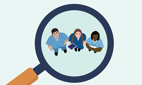 NHS band 5 role reviews: Illustration of three nurses being viewed through a magnifying glass
