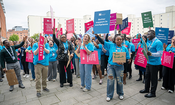 Nursing students demonstrate outside the RCN’s 2026 annual congress in Liverpool