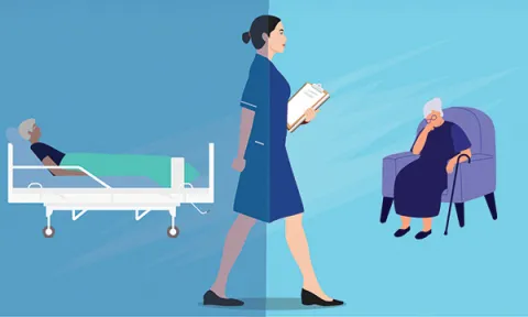 Illustration of nurse walking between hospital and home care settings