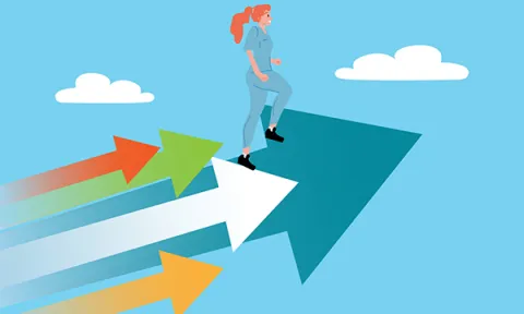 Fairer nursing pay: nurse illustrated on upward upward arrows heading skywards
