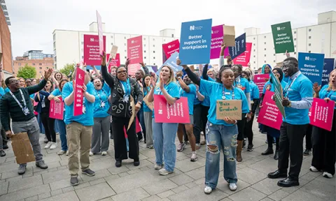 Nursing students demonstrate outside the RCN’s 2026 annual congress in Liverpool