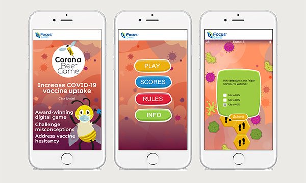 Picture shows three smartphone screens displaying the Corona Bee Gamevvvvv
