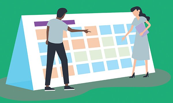 Illustration showing nurses choosing shifts from timetable