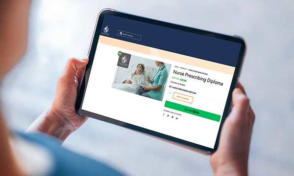 A nurse holds a tablet with a Nurse Prescribing Diploma advert on the screen