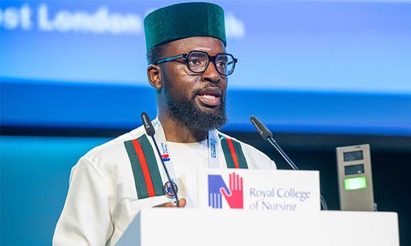 Nurse Joseph Ayine spoke out about his experience of fainting on shift after non-stop working when he addressed an audience at the RCN’s 2026 congress in Liverpool on Monday  Picture: RCN