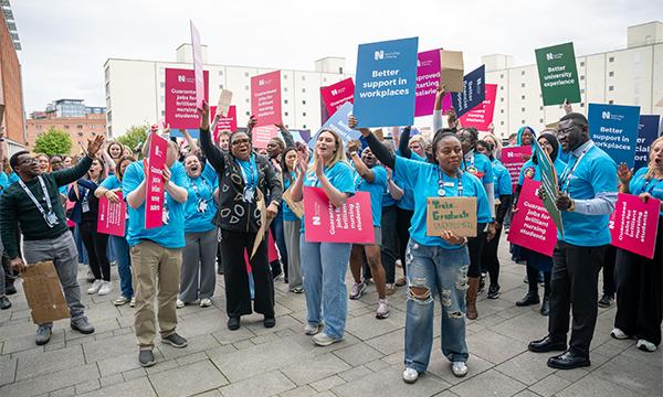 Nursing students demonstrate outside the RCN’s 2026 annual congress in Liverpool