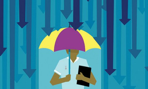 Illustration of a man holding an umbrella which is protecting him from falling arrows. Indemnity insurance is a way to protect yourself against a legal liability or loss. Picture: iStock